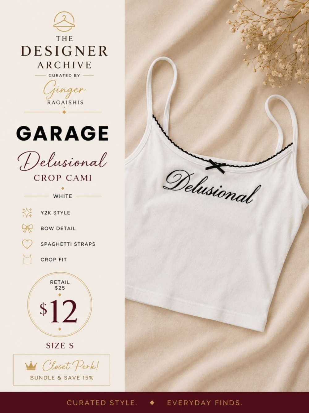 Garage Felicia Femme Delusional White Crop Cami Tank Size S